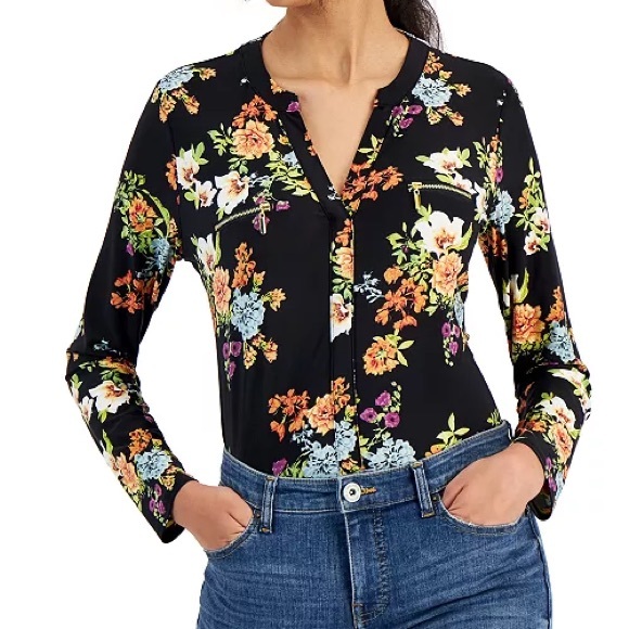 INC International Concepts Black Floral Blouse - Picture 2 of 8